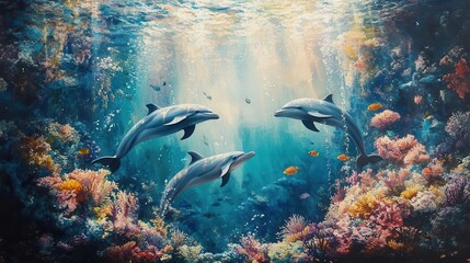 Fototapeta premium Three dolphins swim through a vibrant coral reef, bathed in sunlight.