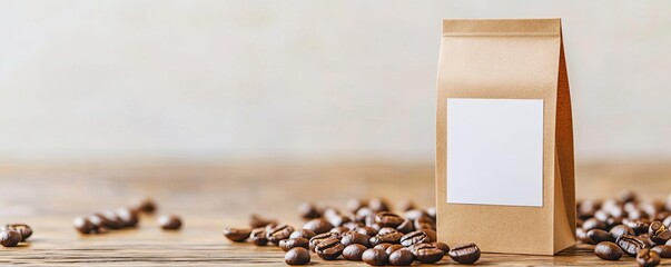 Kraft paper coffee pouch standing upright with a custom label, placed on a wooden surface with scattered coffee beans, ideal for organic and artisanal coffee brands