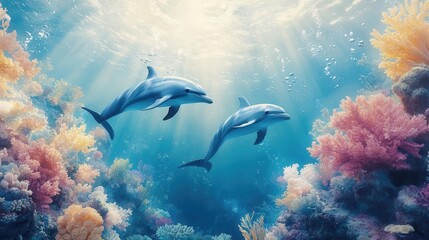 Fototapeta premium Two dolphins swimming through a colorful coral reef in the ocean