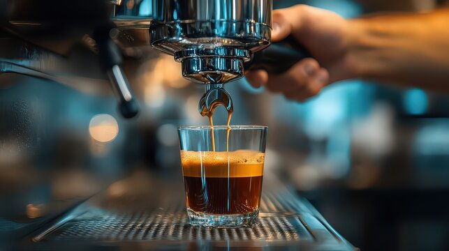 barista expertly pulling a shot of espresso from a commercial-grade machine in a bustling caffee