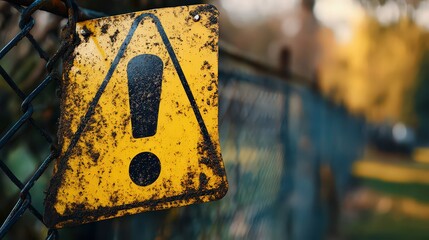A bright yellow warning sign with a bold black exclamation mark attached to a fence, alerting people to potential hazards in the area.