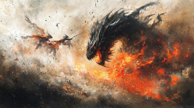 A fiery dragon battles a knight on horseback in a dramatic scene.