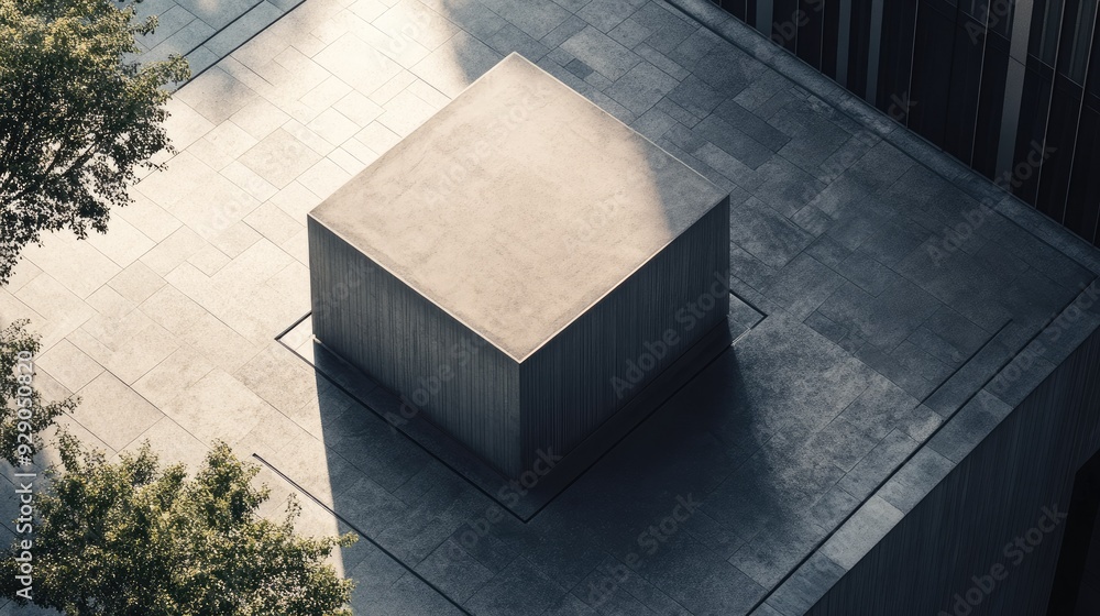 Poster overhead shot of a minimalist podium structure in an urban setting, with surrounding space for text