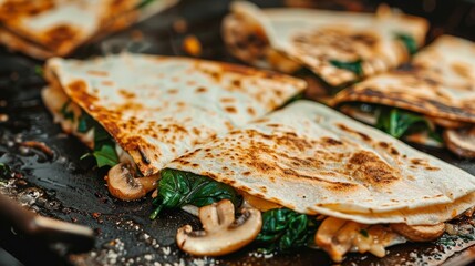 Delicious quesadillas being cooked on a griddle, filled with mushrooms and spinach