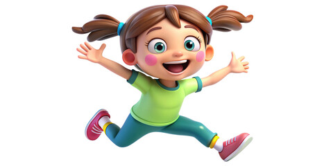 Happy smile laughing jumping playing running cartoon character girl kid child teen person in 3d style design on white background. Human people feelings expression concept