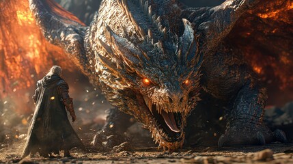 epic image of a dragon engaged in combat with a knight or other mythical creature, with dynamic action and detailed fantasy armor.