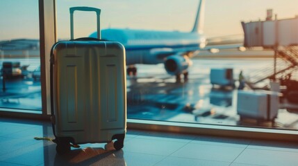 Suitcase, travel bag in airport. Airplane outside window. Travel background illustration generated by ai