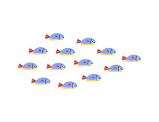 Small fishes group swimming, vector flat colorful fishes marine wildlife, tropical ocean or sea fauna, underwater animal