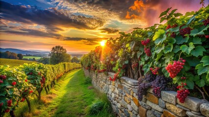 Naklejka premium Old stone wall adorned with lush green espalier vines, bursting with juicy red grapes, in a serene and picturesque countryside setting at sunset.