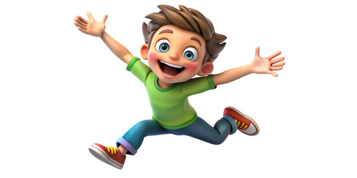 Happy smile laughing jumping playing running cartoon character girl kid child teen person in 3d style design on white background. Human people feelings expression concept