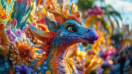 Fototapeta premium close-up of a dragon-themed parade float with vibrant colors and intricate details, part of a cultural festival.