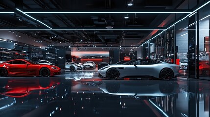 New car store at night, showroom with modern cars, dealership with led lights reflections. copy space for text.