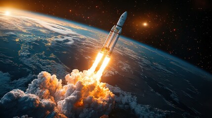 Obraz premium rocket taking off from Earth, with bright flames and smoke contrasting against the curvature of the planet.
