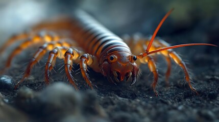 A close-up shot of a brown centipede on a dark background. The centipede is facing the camera, with its long legs visible. The background is blurry.