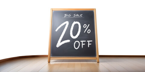 Placa quadro negro sobre piso de madeira anuncia grande promoção de 20% de desconto em fundo transparente sem fundo.
