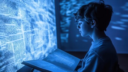Young student using a projector to read large text on a wall, innovative study technique