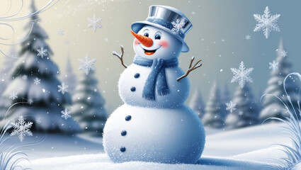 Cute funny snowman in a knitted hat and scarf in the winter forest with snowflakes. New year and Christmas concept. AI generated