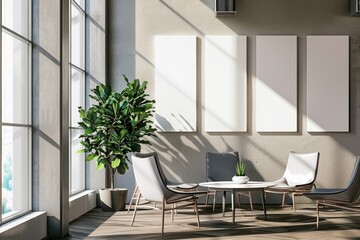 A serene office space with modern chairs, a round table, large windows letting in natural light, and a lush potted plant, creating a relaxed and inviting atmosphere.