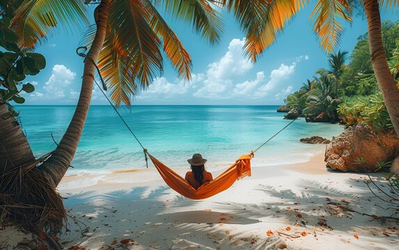 A woman relaxes in a hammock on a serene tropical beach.