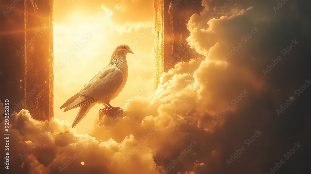 Wall mural radiant dove perched at the gates of heaven, surrounded by golden light and celestial clouds.