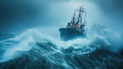 dramatic scene of a ship struggling against the violent sea during a storm, with massive waves crashing over the vessel and the storm raging around it.