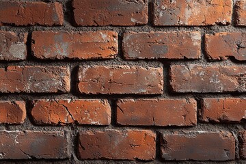 Close-up view of a textured brick wall showcasing weathered, rustic red bricks with visible imperfections and character.