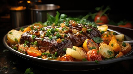 delicious pot roast meat with black and blur background