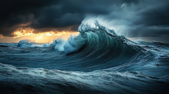 panoramic view of rolling waves and a dark, stormy sky, capturing the vast scale of the sea storm and the tumultuous sea conditions.
