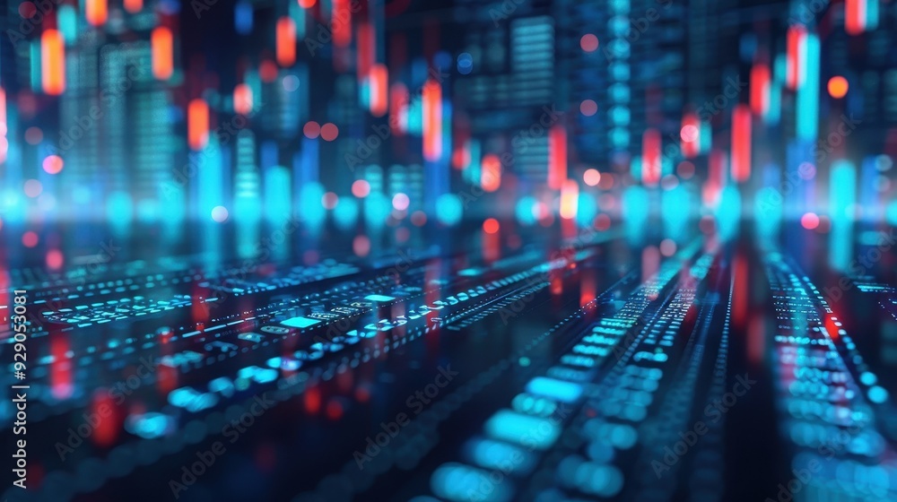 Poster close-up view of digital data streams with vibrant blue and red lights representing technology and d