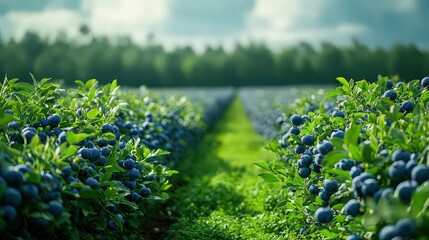  scenic view of expansive blueberry fields with bushes heavy with ripe fruit, capturing the essence of a blueberry harvest season.