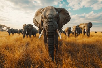 A majestic elephant herd grazes in golden savanna grass under a blue sky with clouds, led by a large bull elephant