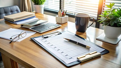 Organized desk with various tax-related documents, pens, and a checklist, helping individuals and businesses stay on top of their tax obligations and deadlines efficiently.