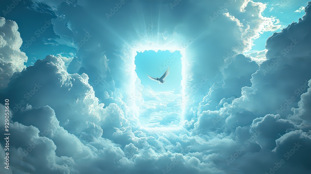 Wall mural dove flying towards an open gateway in the clouds, with rays of light streaming through, inviting en