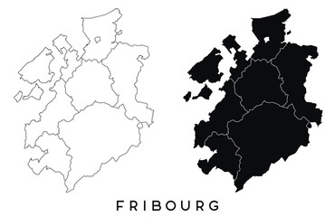 Fribourg map of regions districts vector black on white and outline