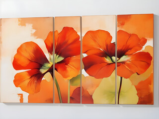 Set of 3 wall art panels with abstract illustration of vibrant nasturtium on orange background,