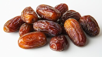 A selection of fresh dates, rich brown and glossy, arranged on a white background
