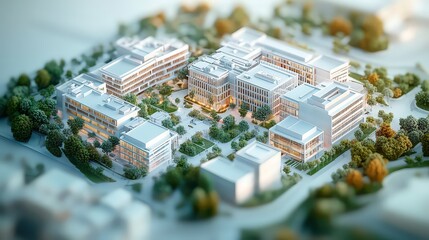 Obraz premium Aerial view of a modern building complex surrounded by trees, with a focus on clean, white structures.