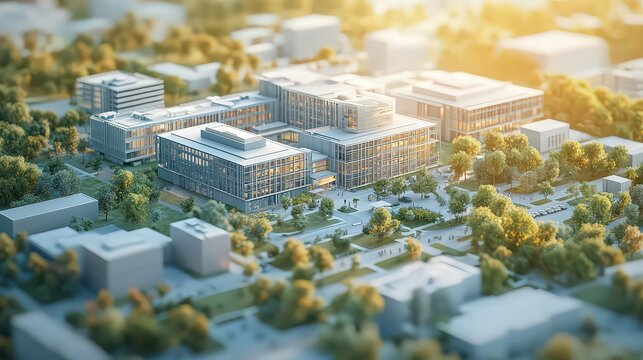  comprehensive view of a hospital campus with interconnected buildings, including patient wards, emergency rooms, and administrative areas, showcasing efficient space planning.