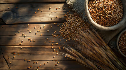 Fototapeta premium Top view of organic whole grains on rustic wood table