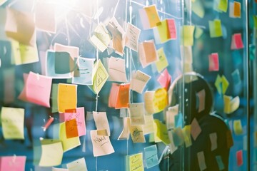 A glass wall covered in colorful sticky notes, illuminated by soft sunlight, creating a vibrant and creative atmosphere.