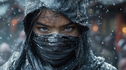 Shadow fighter ninja woman, a master of disguise, covert operations and strategic warfare, blending into her surroundings her objectives with expertise.