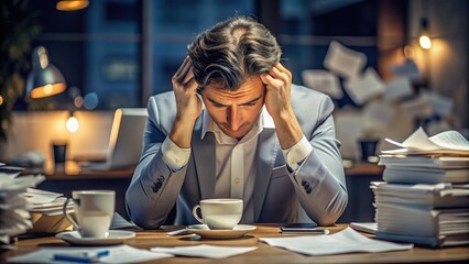Overwhelmed person clutching temple, surrounded by scattered papers and coffee cups, struggles to concentrate amidst a blurred, stressful work environment with dim lighting.