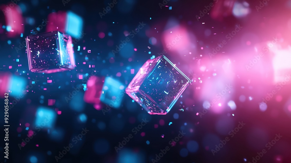 Poster colorful abstract cubes floating in a vibrant space with glowing lights and particles, creating a fu