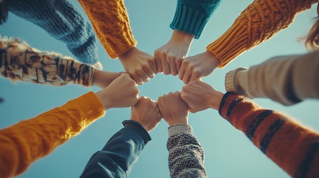 Friends Joining Fists Together Against Sky