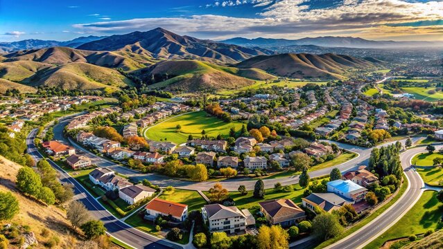 Panoramic bird's eye view of Simi Valley, California, showcasing rolling hills, green spaces, and residential neighborhoods with winding roads and surrounding mountain ranges.