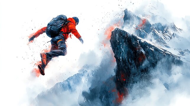Watercolor painting of a base jumper leaping from a towering cliff, dramatic and thrilling, white background