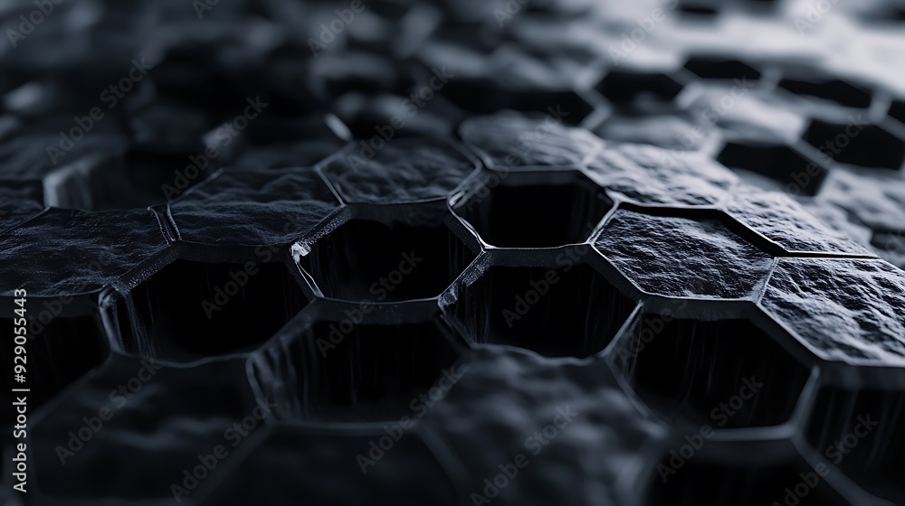 Poster close-up of a black hexagonal surface with uneven texture