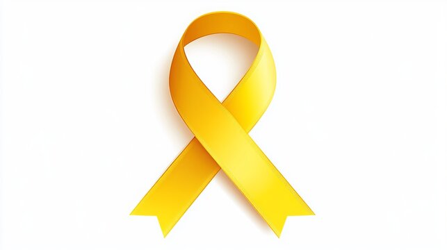 A yellow ribbon representing awareness for adenosarcoma, bladder cancer, bone cancer, endometriosis, sarcoma, spina bifida, and suicide, isolated on a white background