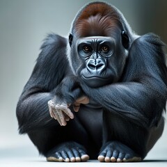 A majestic gorilla sits thoughtfully, showcasing its powerful build and expressive face in a tranquil setting.