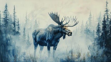 Watercolor moose with large antlers, standing in a misty forest.